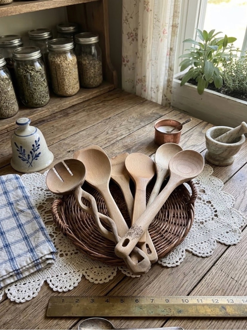 Cottage Rustic Wooden Kitchen Spoon Lot - Natural Wood collection
